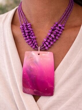 Fashion Jewelry Purple Beaded Necklace with Pink Gradient Pendant